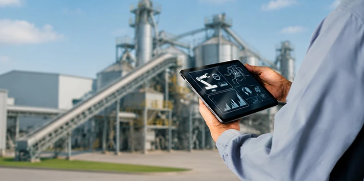Engineer operating wood pellet production line on tablet