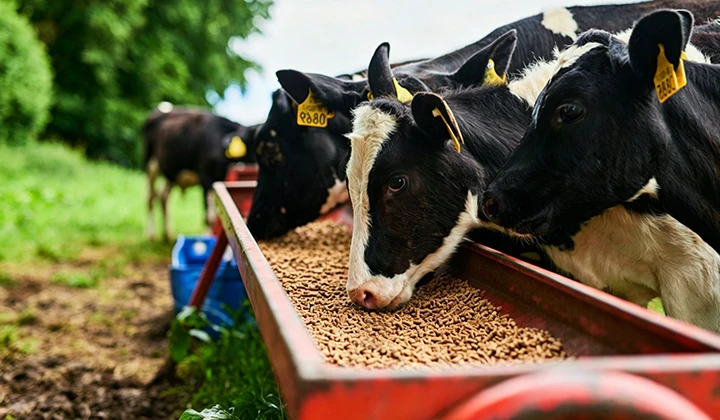 Cattle eating feed pellets produced by Luodate cattle feed production line
