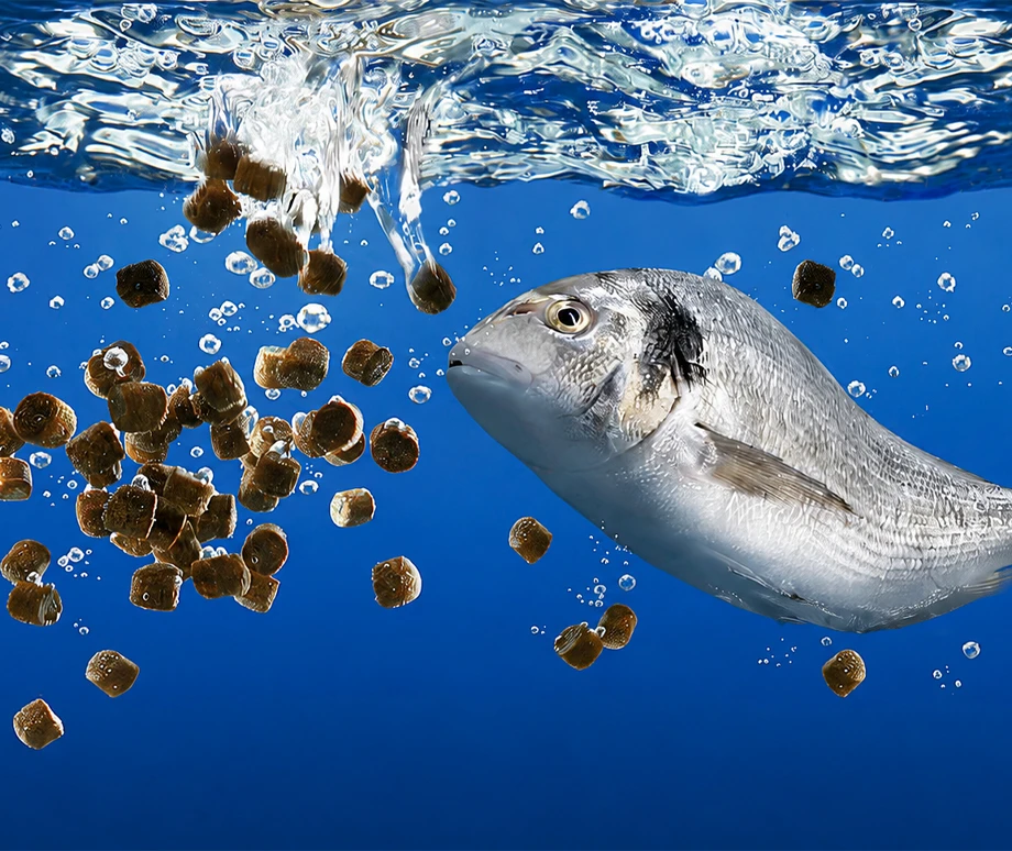 Aquafeed pellets floating in water as a farmed sea bream approaches to feed.