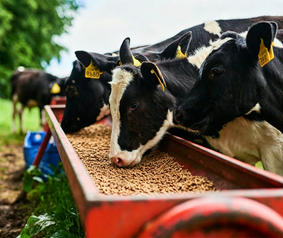 Cattle eating feed pellets produced by Luodate cattle feed production line